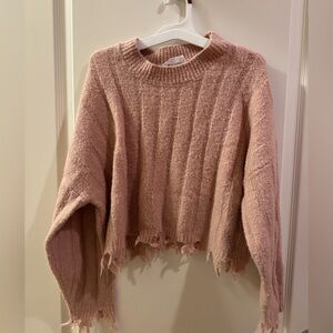 Double Zero Women’s Fringe Distressed Light Pink Sweater